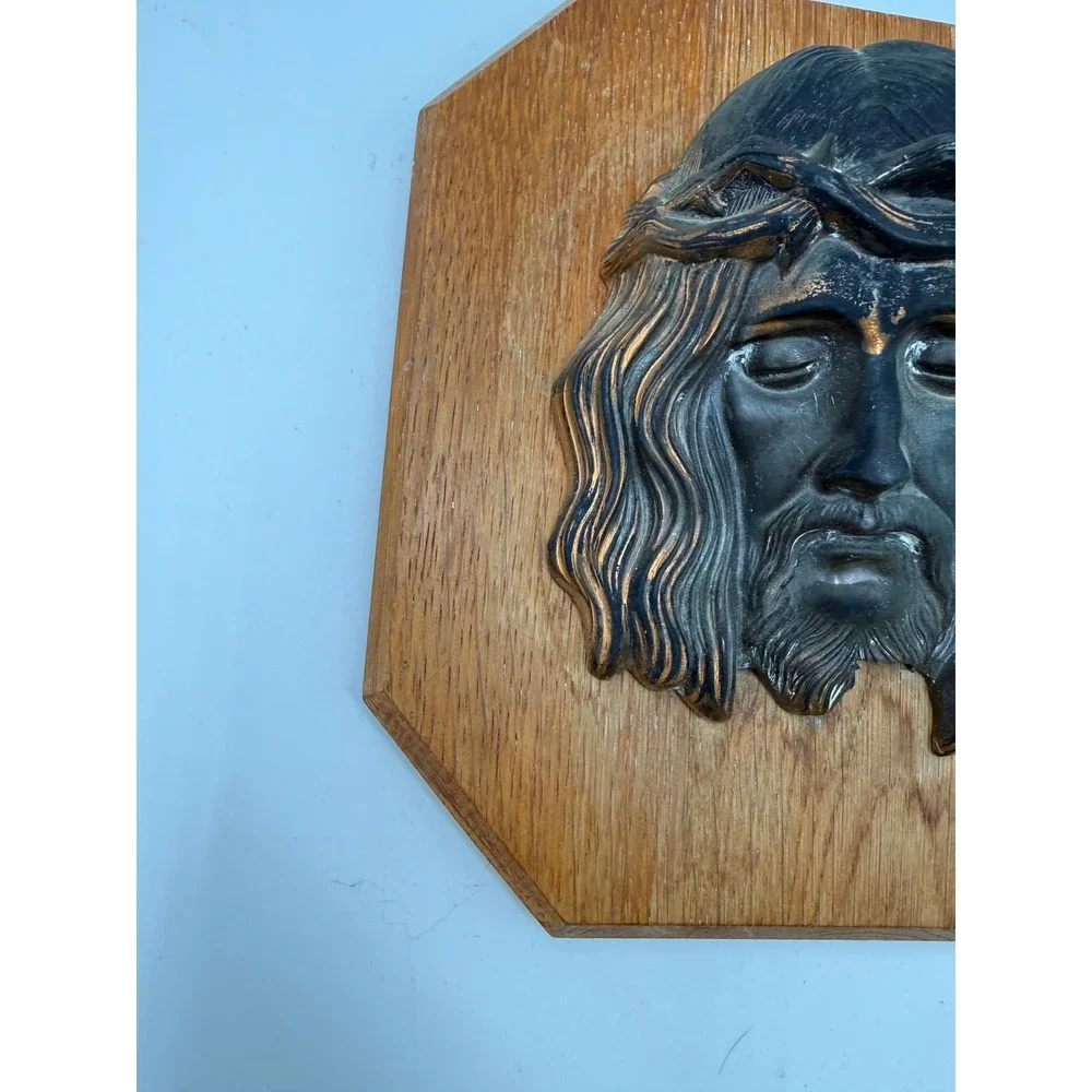 Jesus‎ Wall Plaque Religious Brown Metal Relief Wood Octagon Decor 7